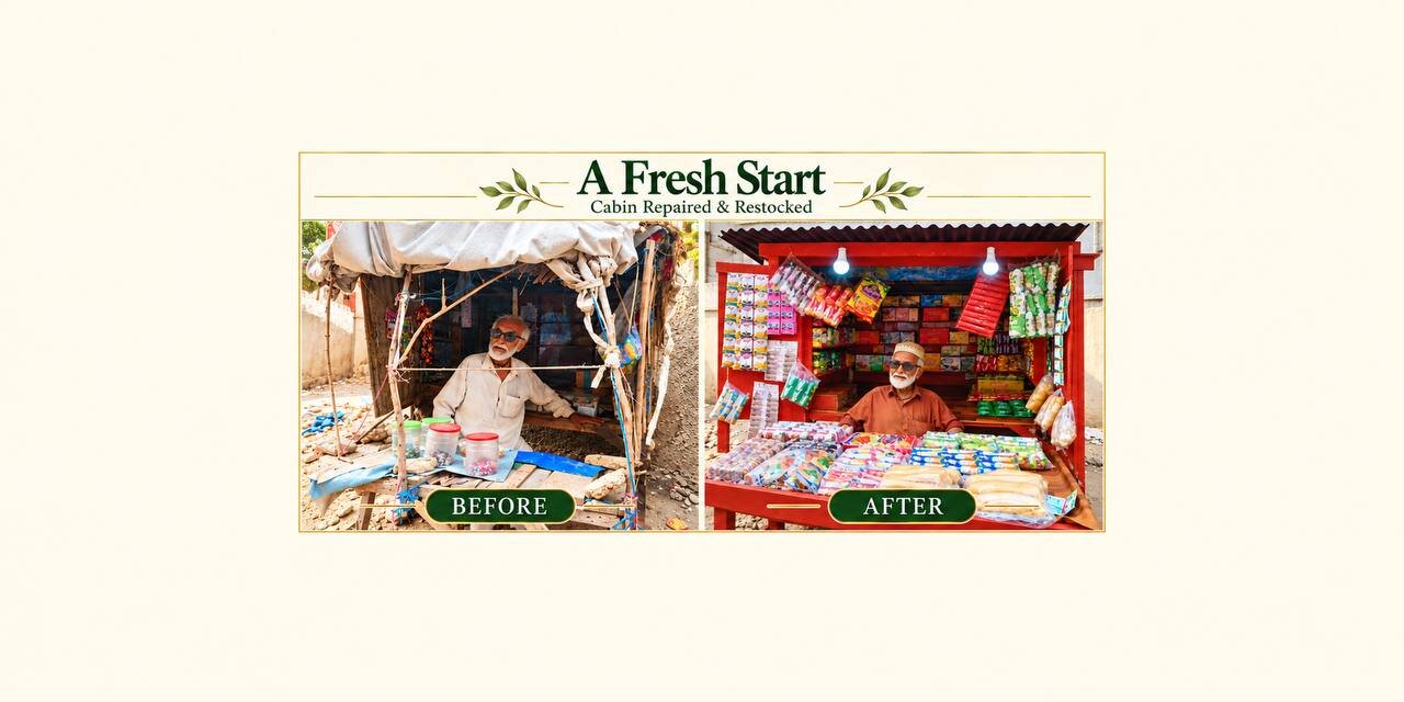 Pir Buksh's cabin shop, before and after its fresh start